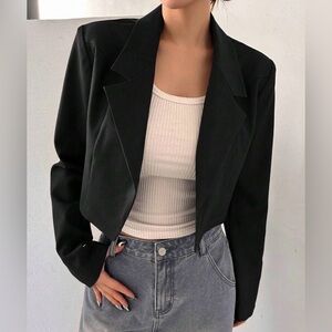 Black Cropped Blazer Jacket Long Sleeve Minimal Open Front Size S